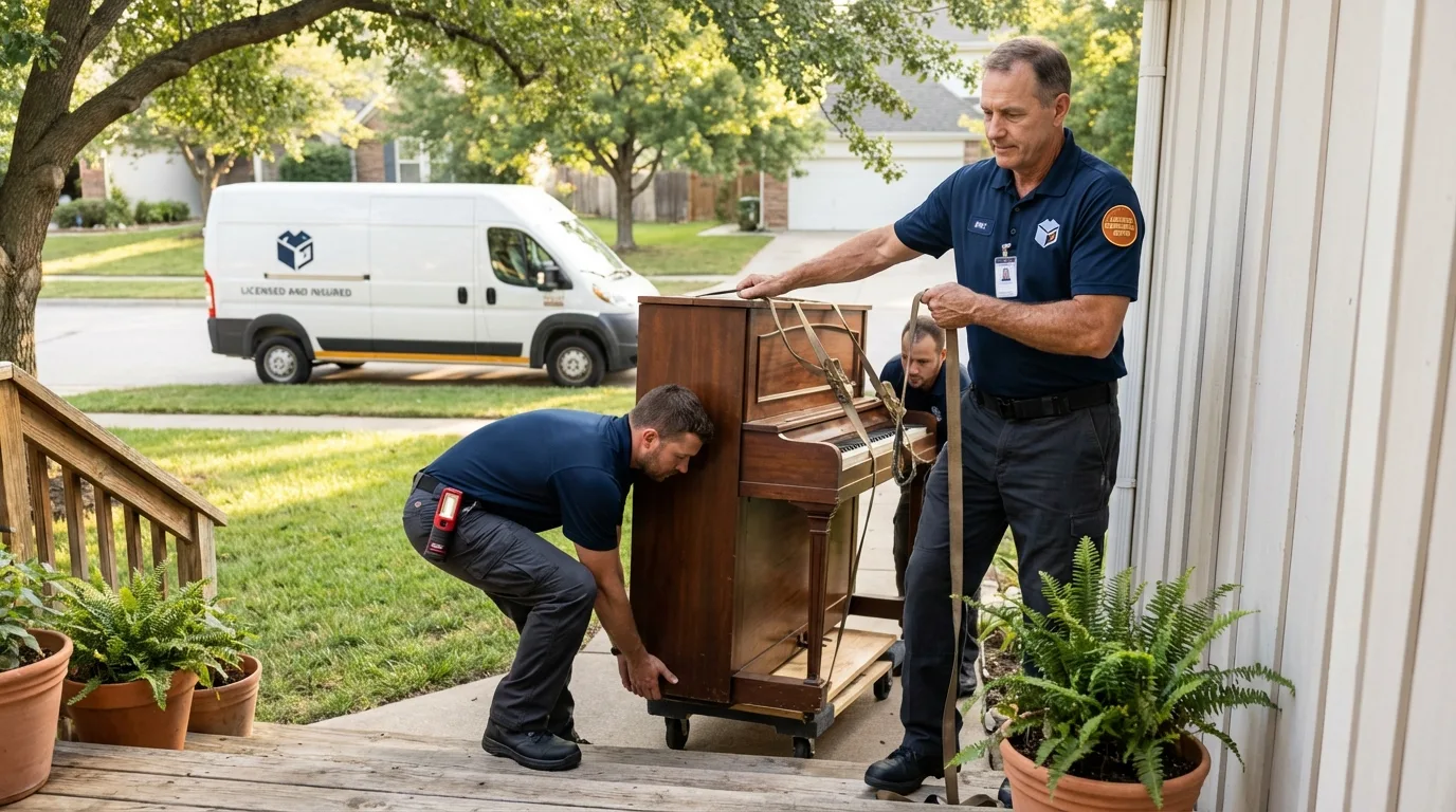 Licensed piano movers securing grand piano in Magnolia, AR