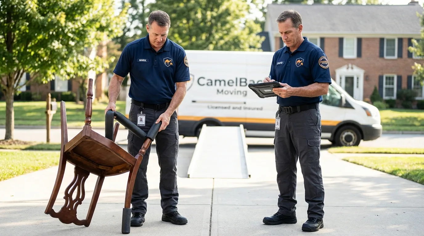 Movers inspecting furniture for damage prevention before loading in Magnolia, AR