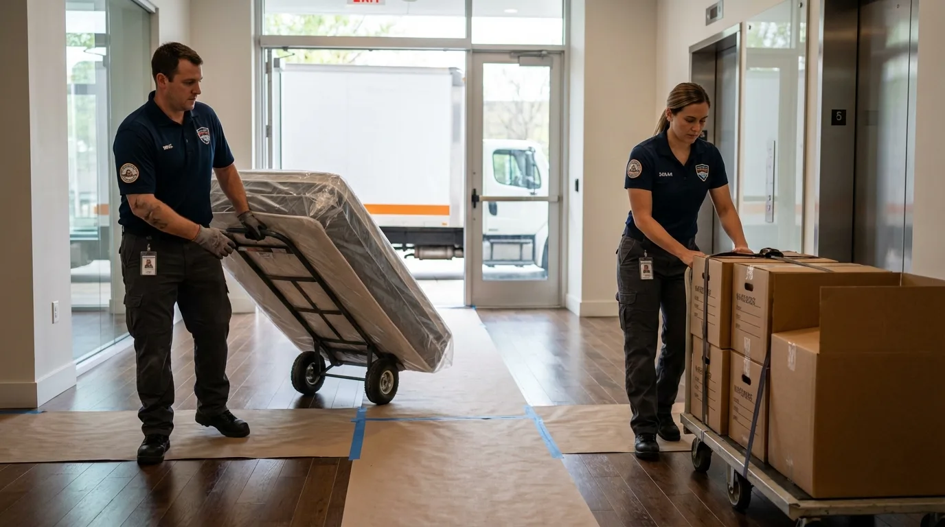 Professional apartment movers loading elevator in Magnolia, AR